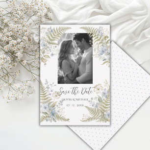 Elegant Blue Floral Ferns Frame Photo Save The Date
