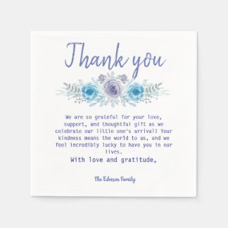 Elegant Blue Floral Folded  Thank You Card Napkin