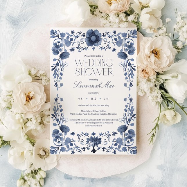 Elegant Blue Floral Frame Bridal Shower Invitation (Creator Uploaded)
