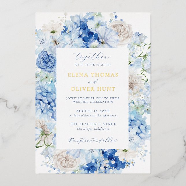 Elegant Blue Floral Frame Wedding (Front)