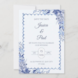 Elegant  Blue Floral Frame Wedding Invitation