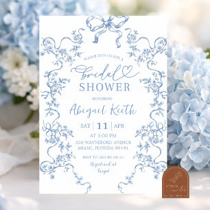 Elegant Blue Floral French Toile Bridal Shower Invitation