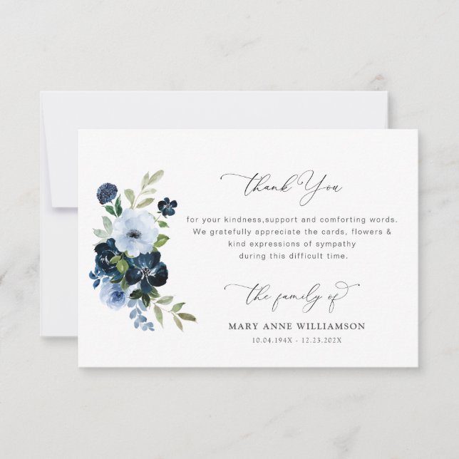 elegant blue floral funeral thank you note card (Front)