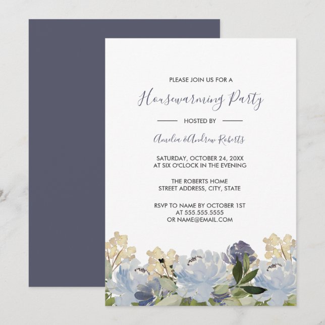 Elegant Blue Floral Garden Housewarming Invitation (Front/Back)