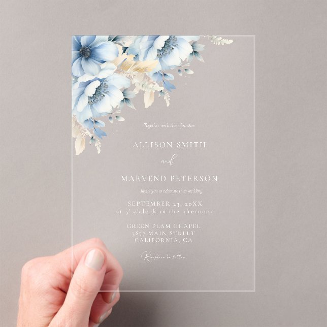 Elegant Blue Floral Geometric Frame Bloom Wedding Acrylic Invitations (Insitu (Handheld))