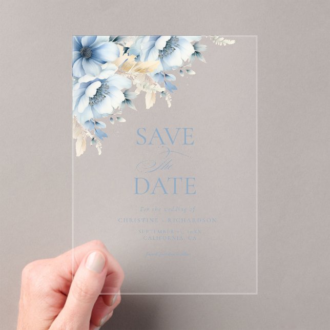 Elegant Blue Floral Geometric Frame Bloom Wedding Acrylic Invitations (Insitu (Handheld))