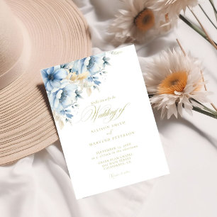 Elegant Blue Floral Geometric Frame Bloom Wedding Invitation