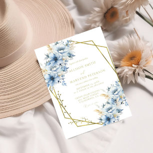 Elegant Blue Floral Geometric Frame Bloom Wedding Invitation