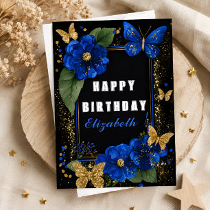Elegant Blue Floral Gold Butterfly Birthday Card