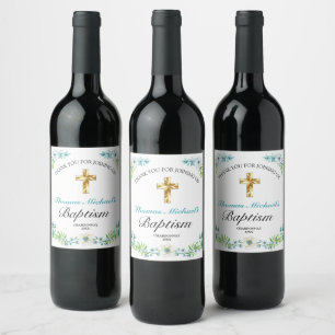 Elegant Blue Floral Gold Cross Baby Baptism  Wine Label