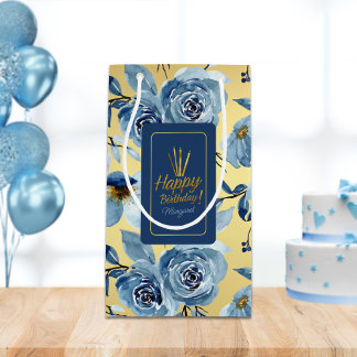 Elegant Blue Floral Gold Happy Birthday Name Small Gift Bag