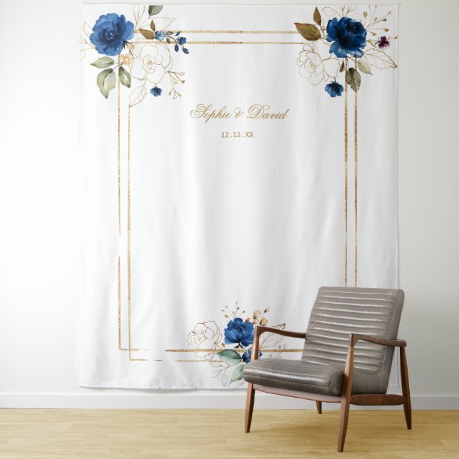 Elegant Blue Floral Gold Wedding Photo Booth Tapestry (In Situ)