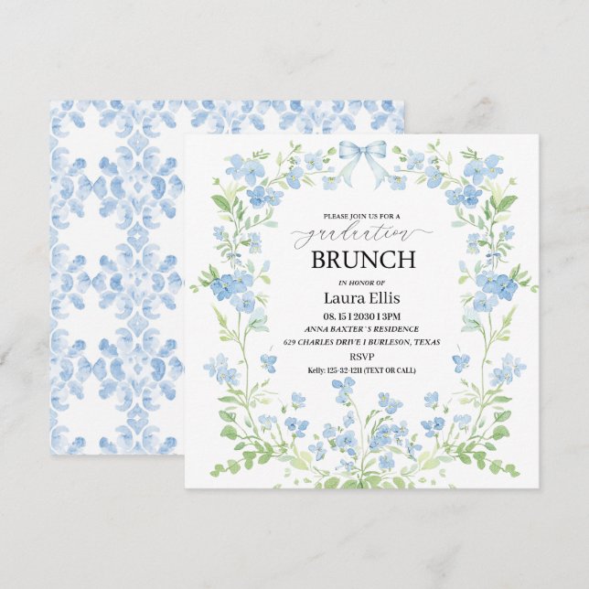 Elegant blue floral graduation brunch Invitation (Front/Back)