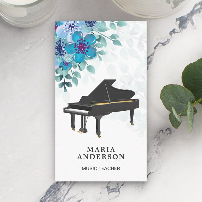 Elegant Blue Floral Grand Piano Musician Pianist Business Card (Creator Uploaded)