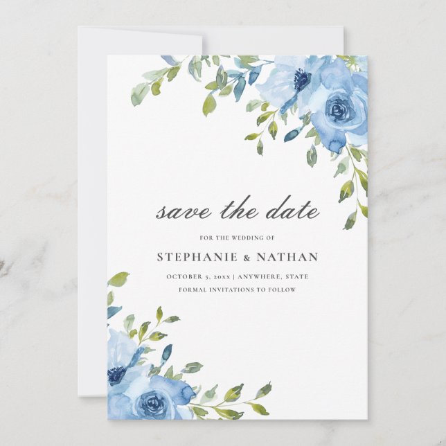 Elegant Blue Floral Greenery Save The Date (Front)
