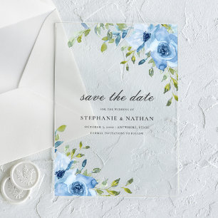 Elegant Blue Floral Greenery Save The Date Acrylic Invitations