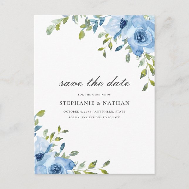 Elegant Blue Floral Greenery Save the Date Announcement Postcard (Front)