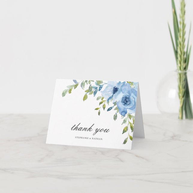 Elegant Blue Floral Greenery Thank You Card (Front)