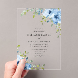 Elegant Blue Floral Greenery Wedding Acrylic Invitations