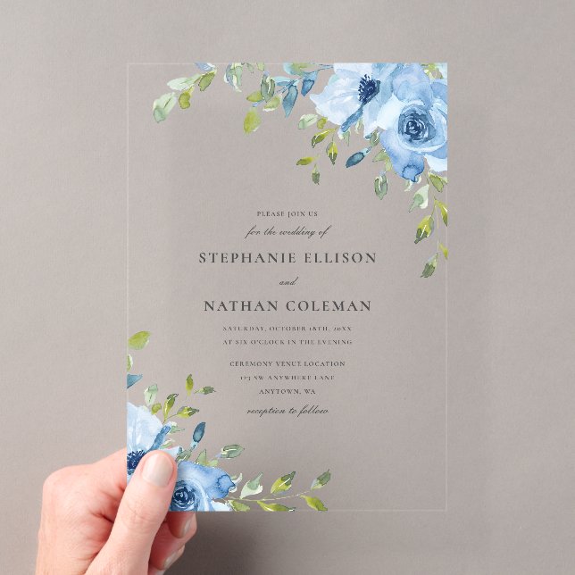 Elegant Blue Floral Greenery Wedding Acrylic Invitations (Insitu (Handheld))