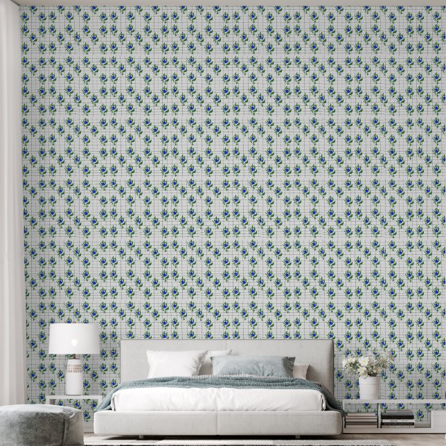 Elegant Blue Floral Grid Wallpaper – Botanical  (Bedroom)