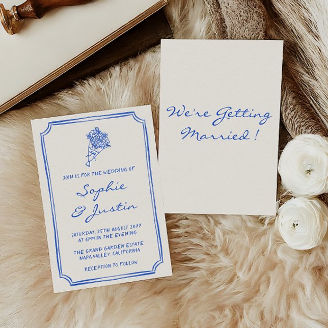 Elegant Blue Floral Handwritten Script Wedding Invitation (Creator Uploaded)