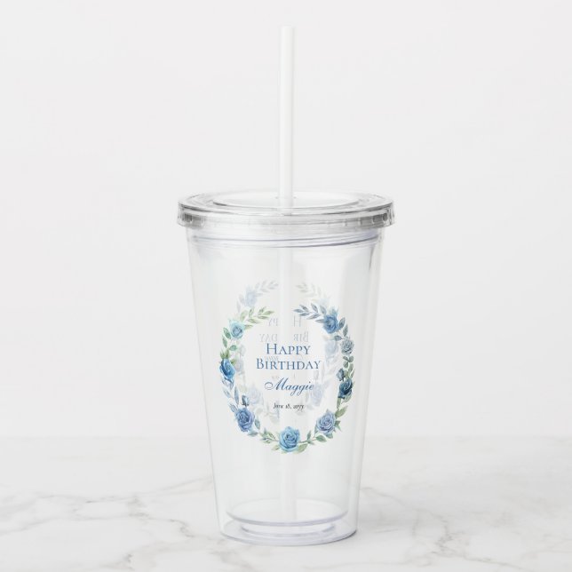 Elegant Blue Floral Happy Birthday Acrylic Tumbler (Front)