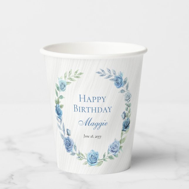 Elegant Blue Floral Happy Birthday Paper Cups (Front)