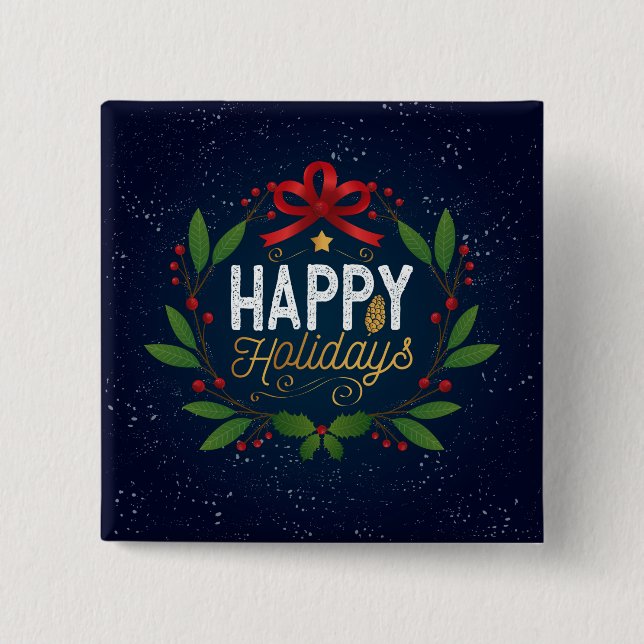 Elegant Blue Floral Happy Holidays | Pin Button (Front)