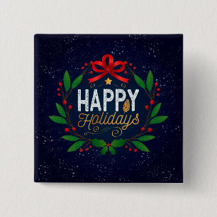 Elegant Blue Floral Happy Holidays   Pin Button