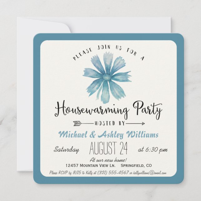 Elégant Blue Floral House Party Invitation (Devant)