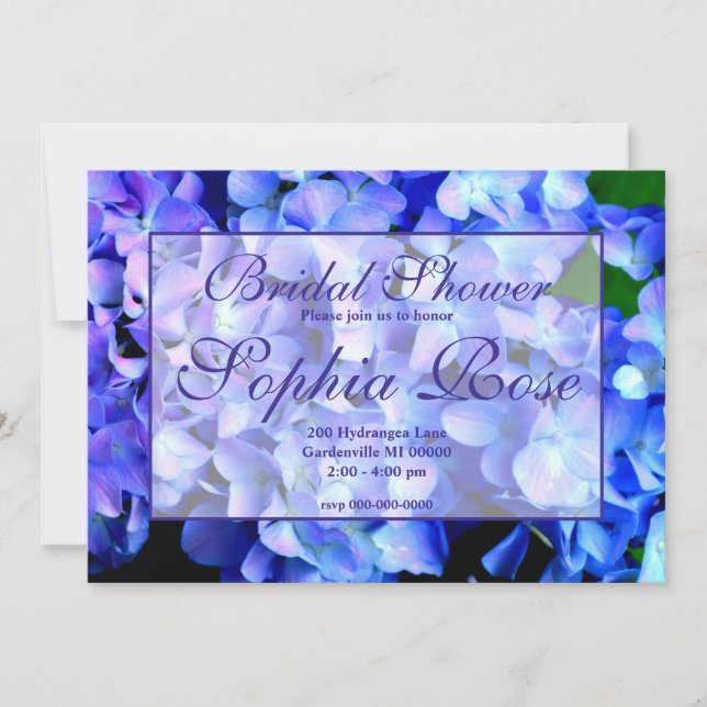 Elegant blue floral hydrangeas bridal shower invitation (Front)