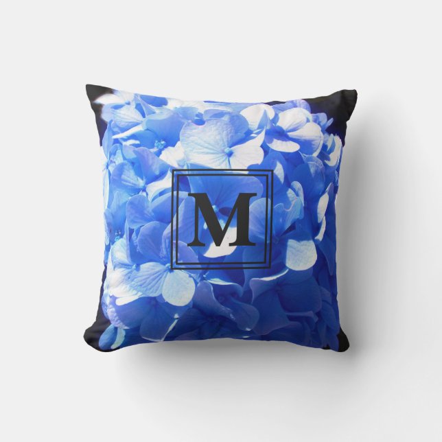 Elegant blue floral  hydrangeas monogram outdoor pillow (Front)
