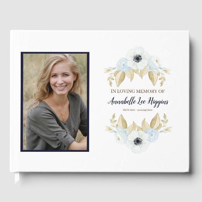 Elegant Blue Floral In Loving Memory Funeral Guest Book (Front)