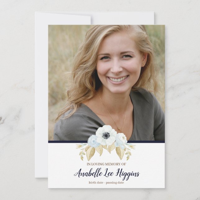 Elegant Blue Floral In Loving Memory Funeral Thank You Card (Front)