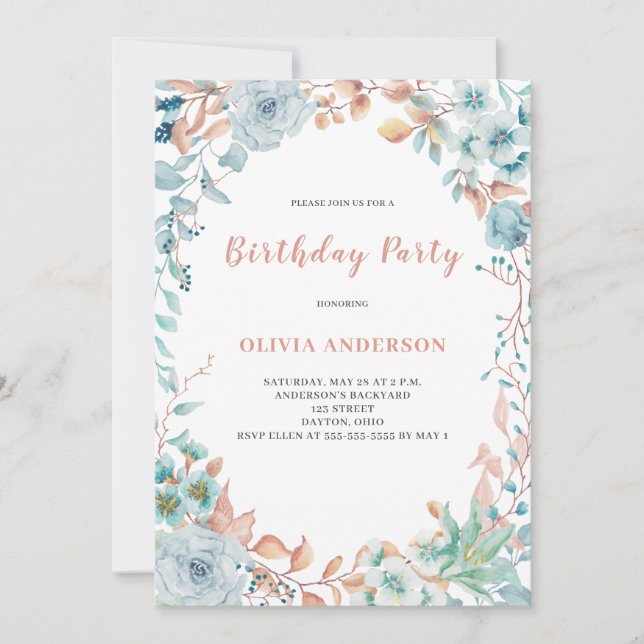Elégant Blue Floral Invitation Anniversaire (Devant)