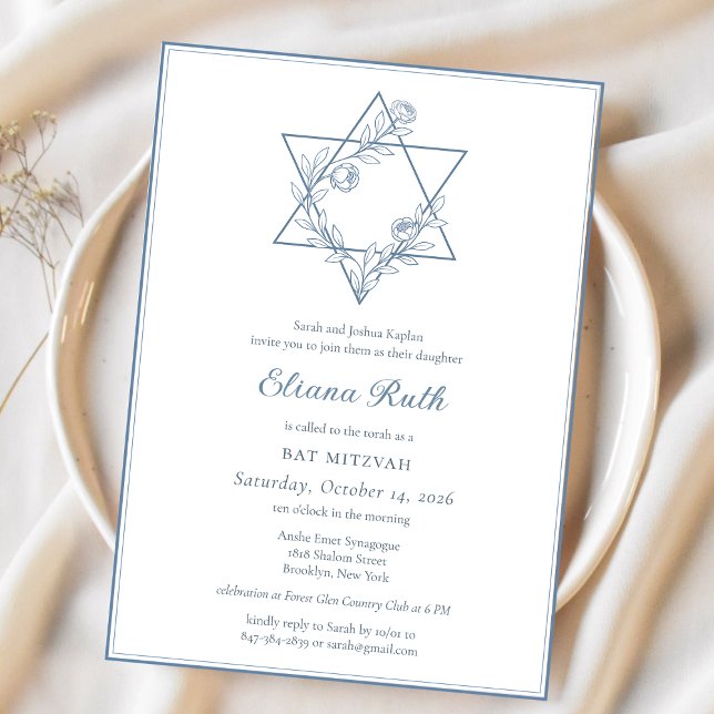 Elegant Blue Floral Jewish Star Chic Bat Mitzvah  Invitation (Creator Uploaded)