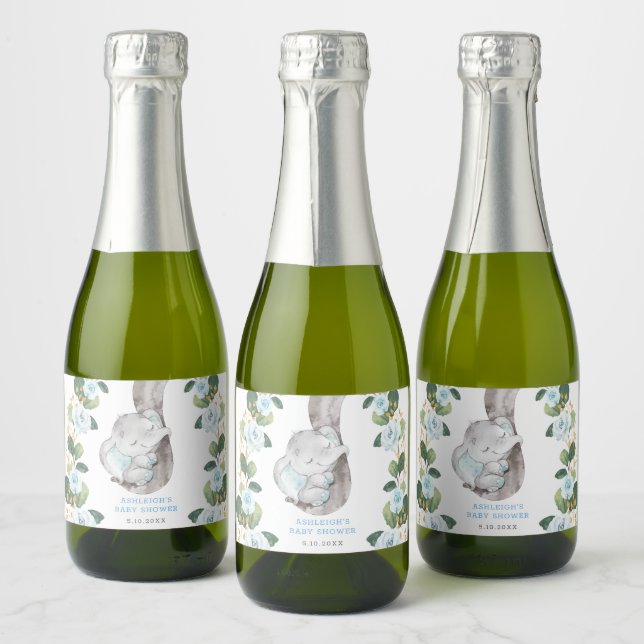 Elegant Blue Floral Jungle Elephant Baby Birthday Sparkling Wine Label (Bottles)