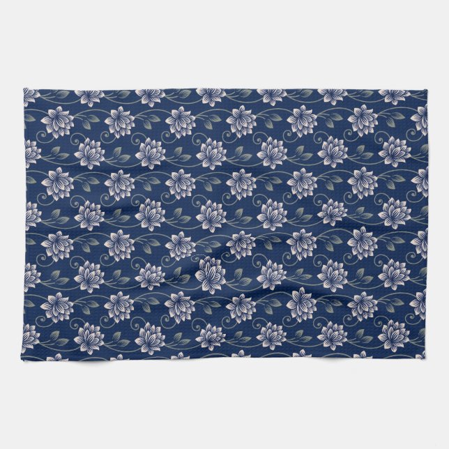 Elegant Blue Floral Kitchen Towel (Horizontal)