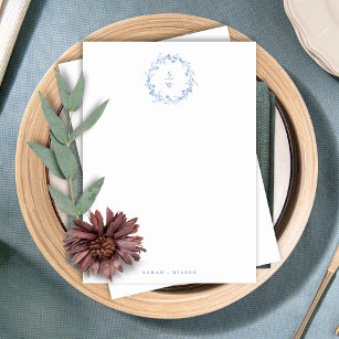 Elegant Blue Floral Laurel Wreath Monogram Wedding Card