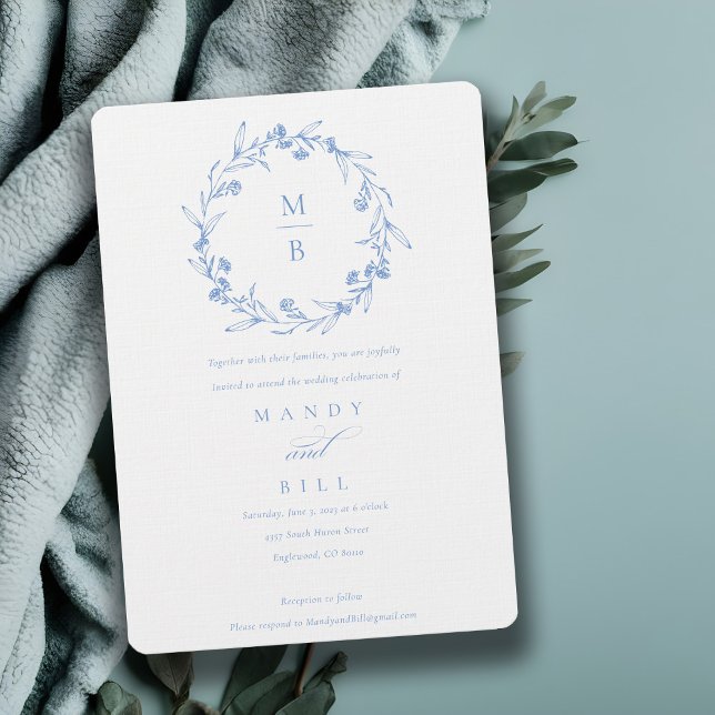 Elegant Blue Floral Laurel Wreath Monogram Wedding Invitation (Creator Uploaded)