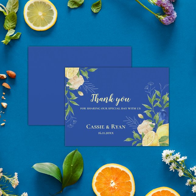 Elegant Blue Floral Lemon Wedding Thank You Cards (Elegant Blue Floral Lemon Wedding Thank You Cards)