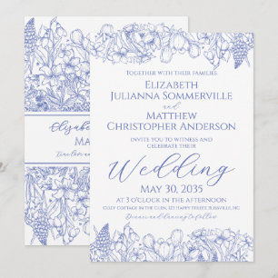 Elegant Blue Floral Line Art Vintage Wedding Invitation