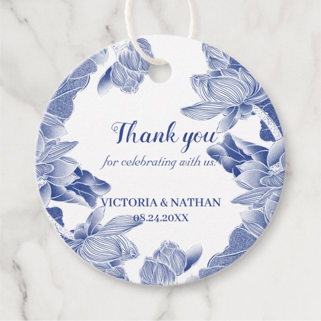 Elegant Blue Floral Lotus Chinoiserie Chic Favour Tags (Front)