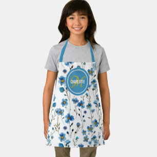 Elegant blue floral monogram girl's name apron