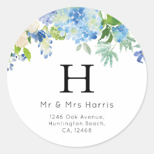 Elegant Blue Floral Monogram Return Address Classic Round Sticker
