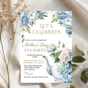 Elegant Blue Floral Mother's Day Tea Party  Invitation