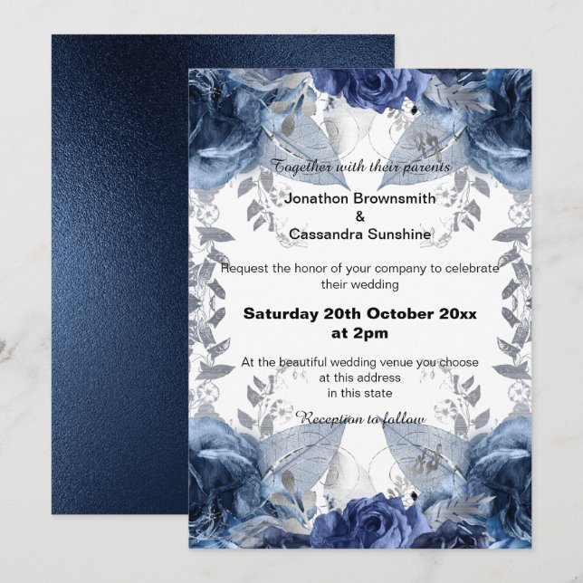 ELEGANT BLUE FLORAL NAVY  WEDDING INVITATION (Front/Back)