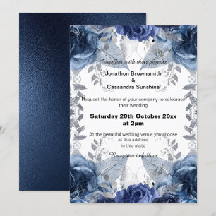 ELEGANT BLUE FLORAL NAVY WEDDING INVITATION