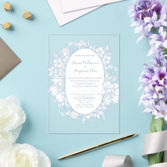 Elegant Blue Floral Open House Wedding Reception I Acrylic Invitations (Insitu (Wedding))
